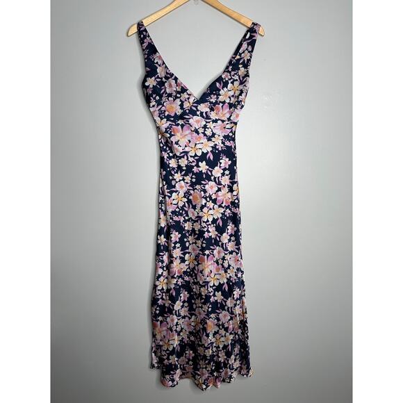 Lulus Women's Admirable Charmer Navy Blue Floral Satin Tie-Back Midi Dress S‎ - Picture 3 of 15